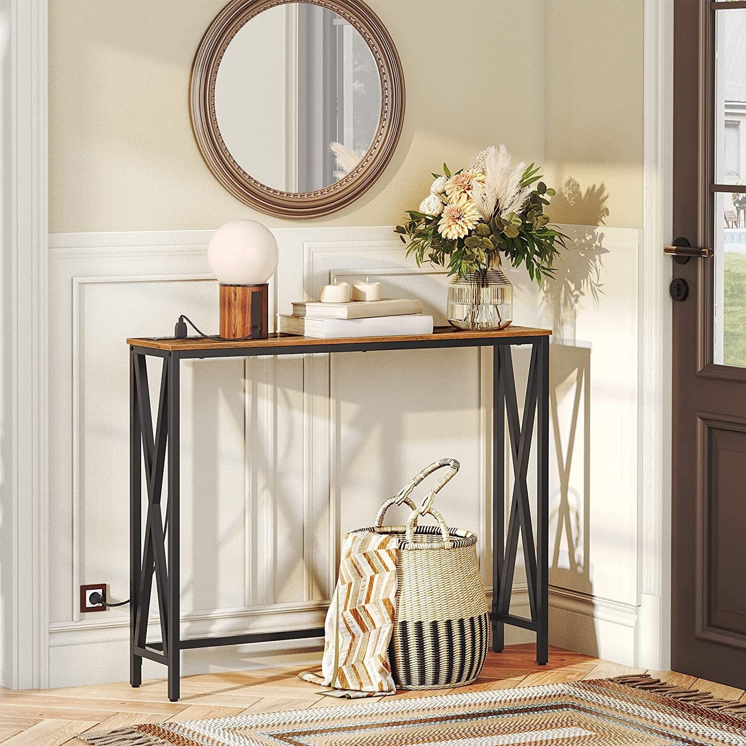 Rustic Brown Sofa Table With Power Outlet And USB Ports