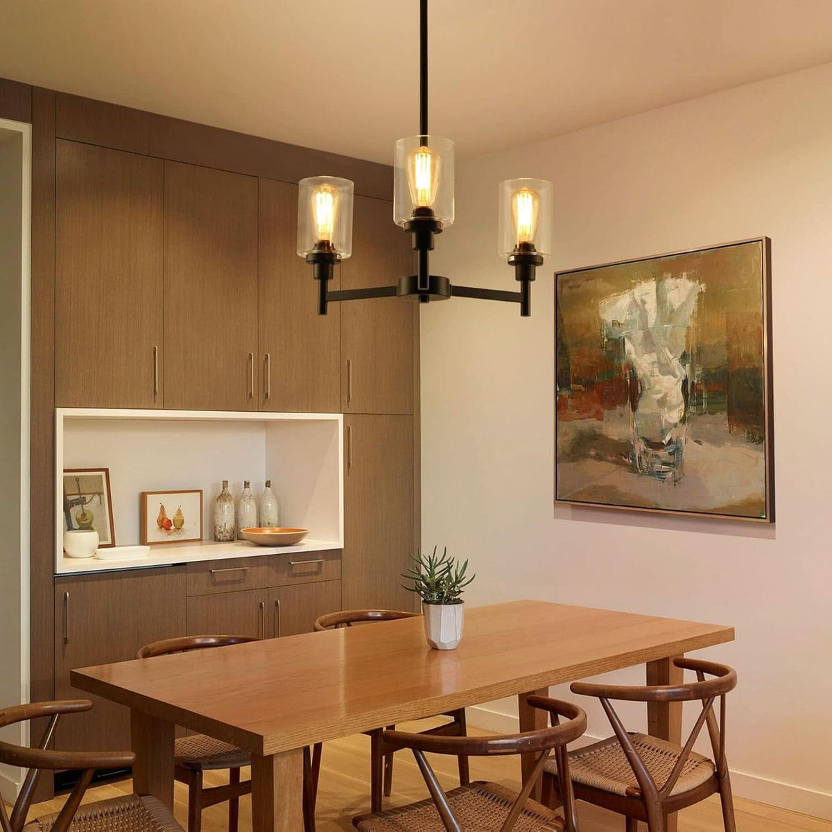 Three Light Black Glass Chandelier For Dining Room And Entryway With Glass Shade