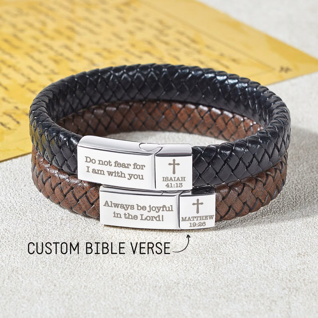 Personalized Christian Leather Bracelet — Bible Verse | Cross | Black or Brown