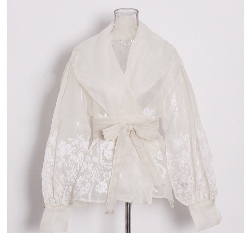 Vintage Print Embroidery Blouse with Lantern Sleeves – Organic Cotton
