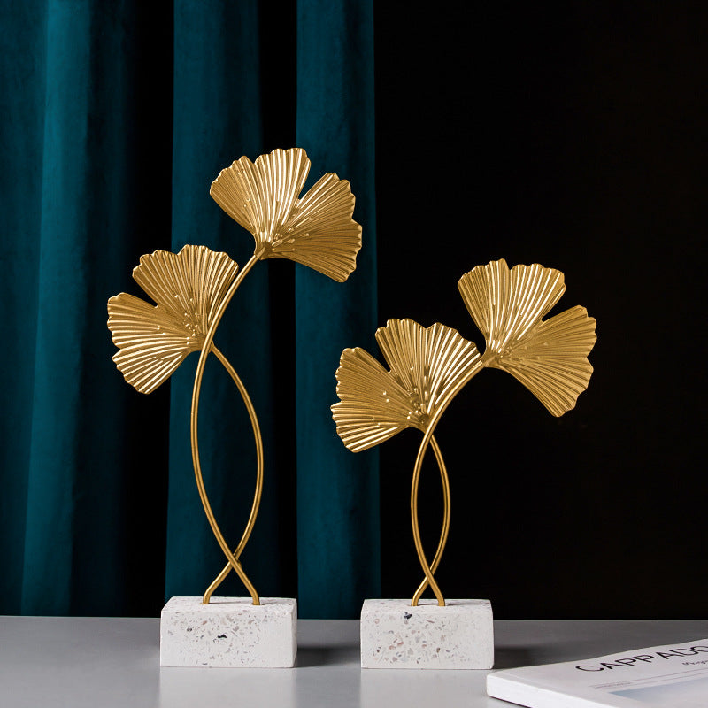 Marble Base Leaf Metal Ornament — Ginkgo or Turtle Leaf in Gold