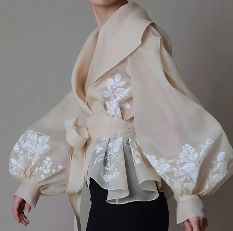 Vintage Print Embroidery Blouse with Lantern Sleeves – Organic Cotton