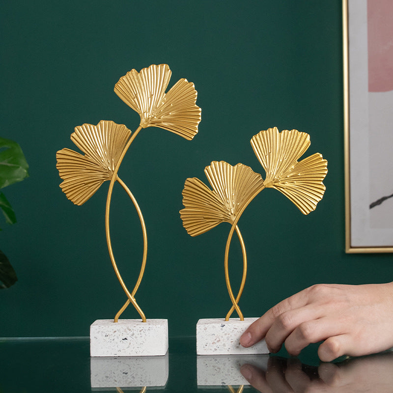 Marble Base Leaf Metal Ornament — Ginkgo or Turtle Leaf in Gold