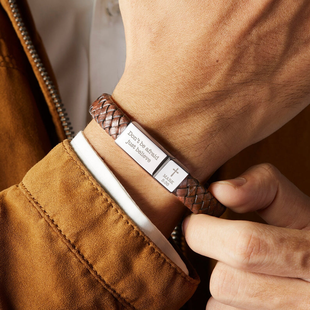 Personalized Christian Leather Bracelet — Bible Verse | Cross | Black or Brown