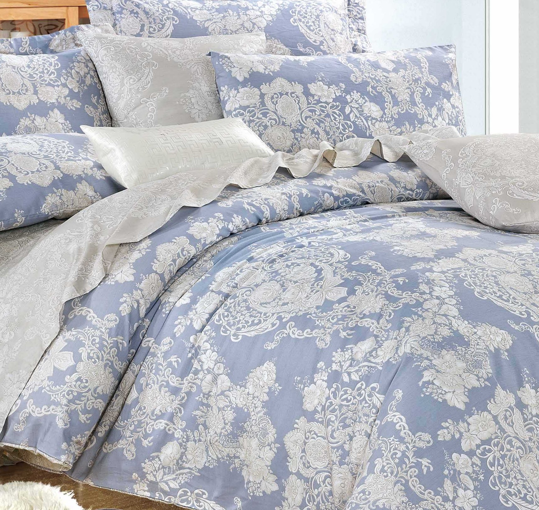 Lauren Blue Damask 100% Cotton Comforter Set | Queen