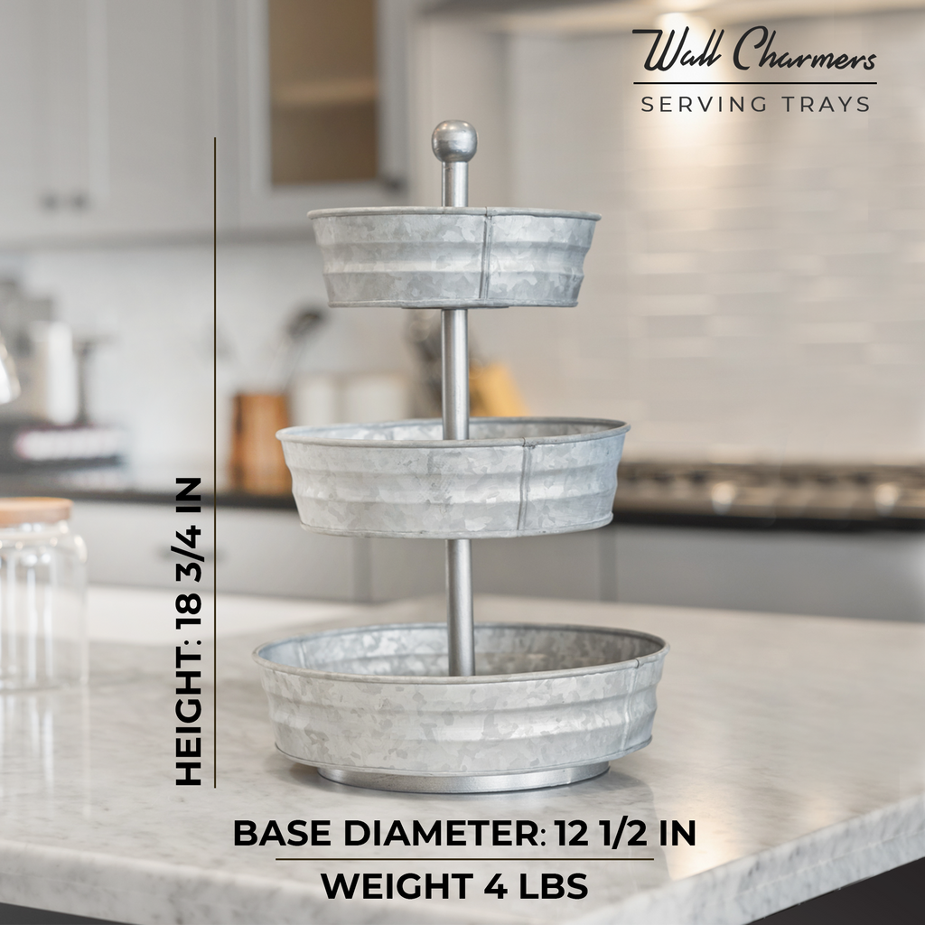 3 Tier Galvanized Round Metal Tray, 18"