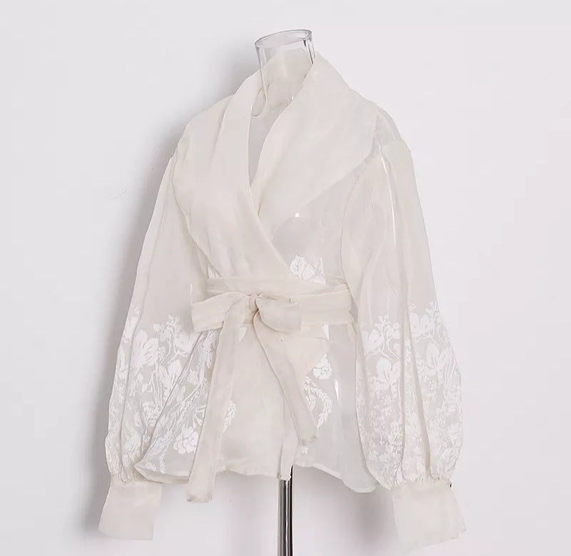 Vintage Print Embroidery Blouse with Lantern Sleeves – Organic Cotton