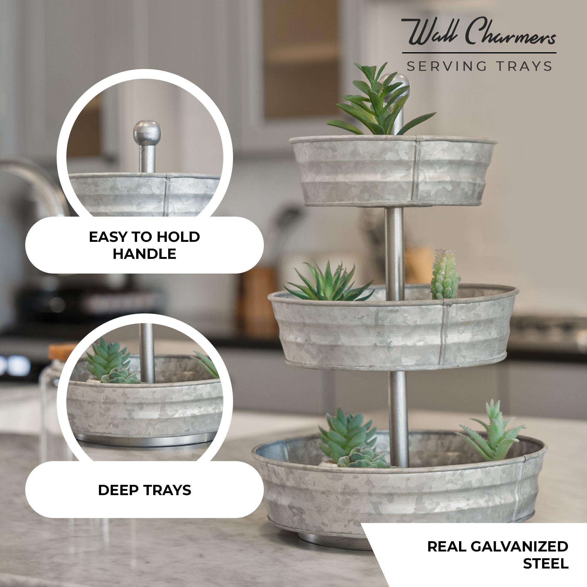 3 Tier Galvanized Round Metal Tray, 18"