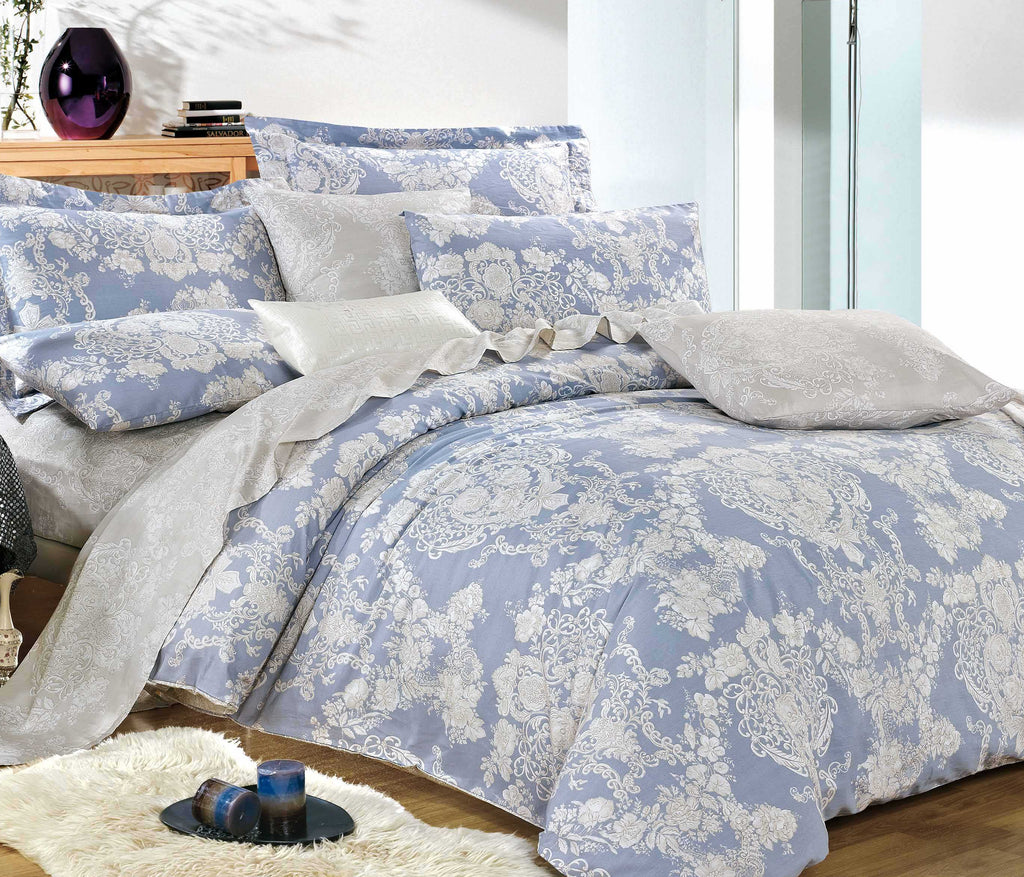 Lauren Blue Damask 100% Cotton Comforter Set | Queen