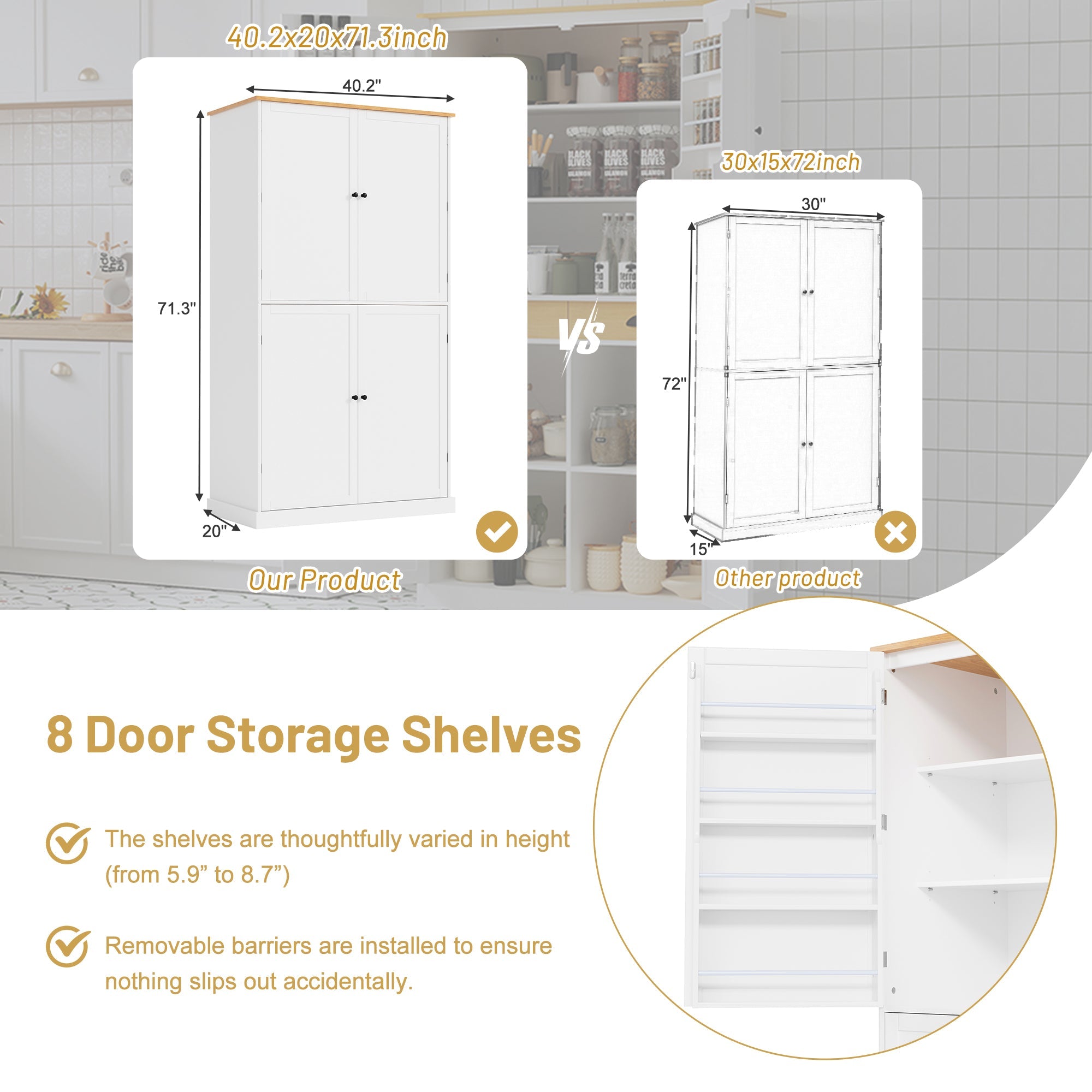 Large Kitchen Pantry Storage Cabinet | 71" Tall | MDF | White, Gray or Blue