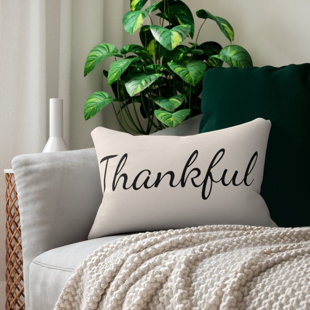 Decorative Lumbar Throw Pillow - Thankful - Beige Black