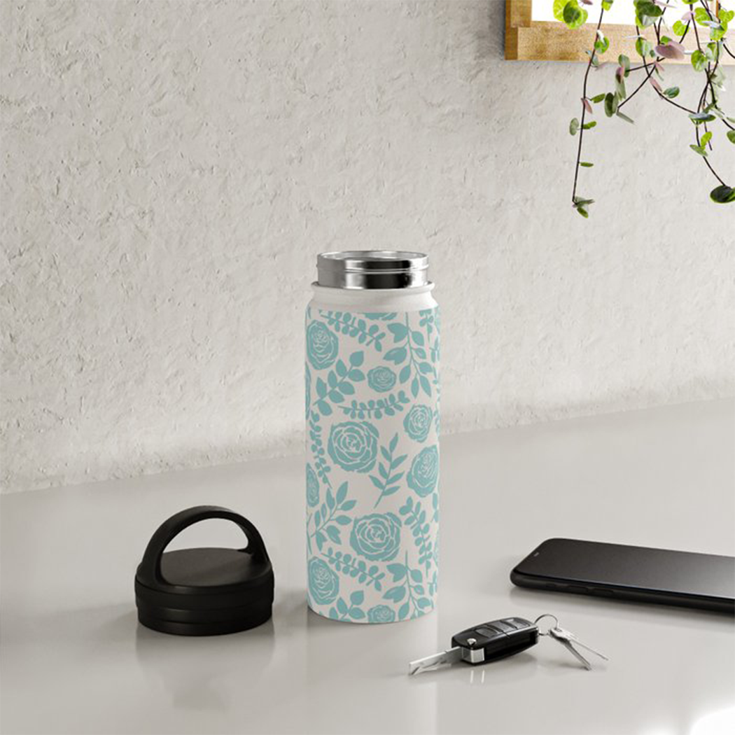 Baby Blue Floral Handle Lid Water Bottle