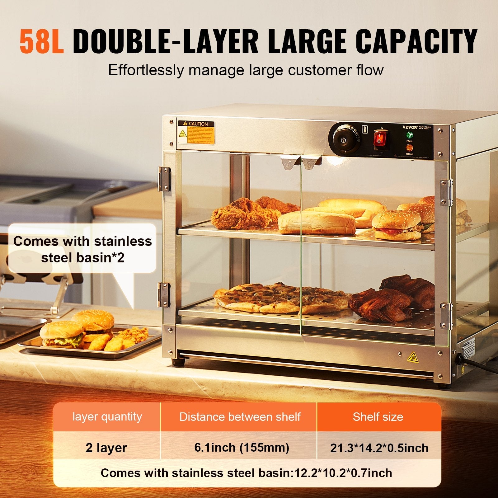 2-Tier Commercial Food Warmer Display Countertop Pizza Cabinet With