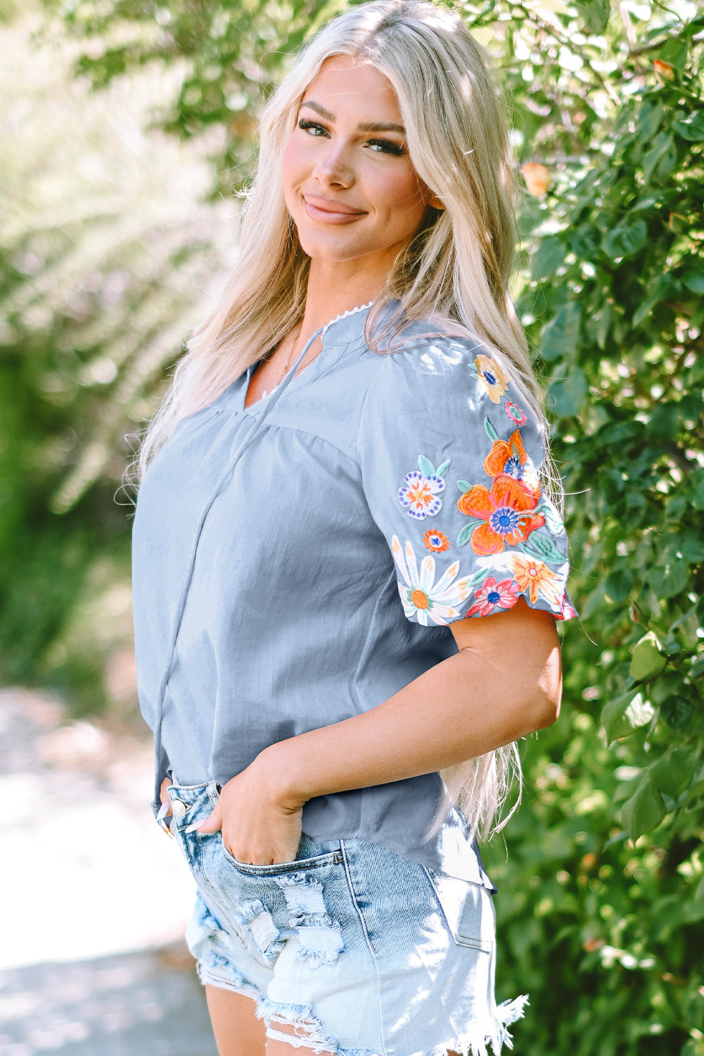 Hadlee Floral Embroidered Puff Sleeve Split Neck Blouse