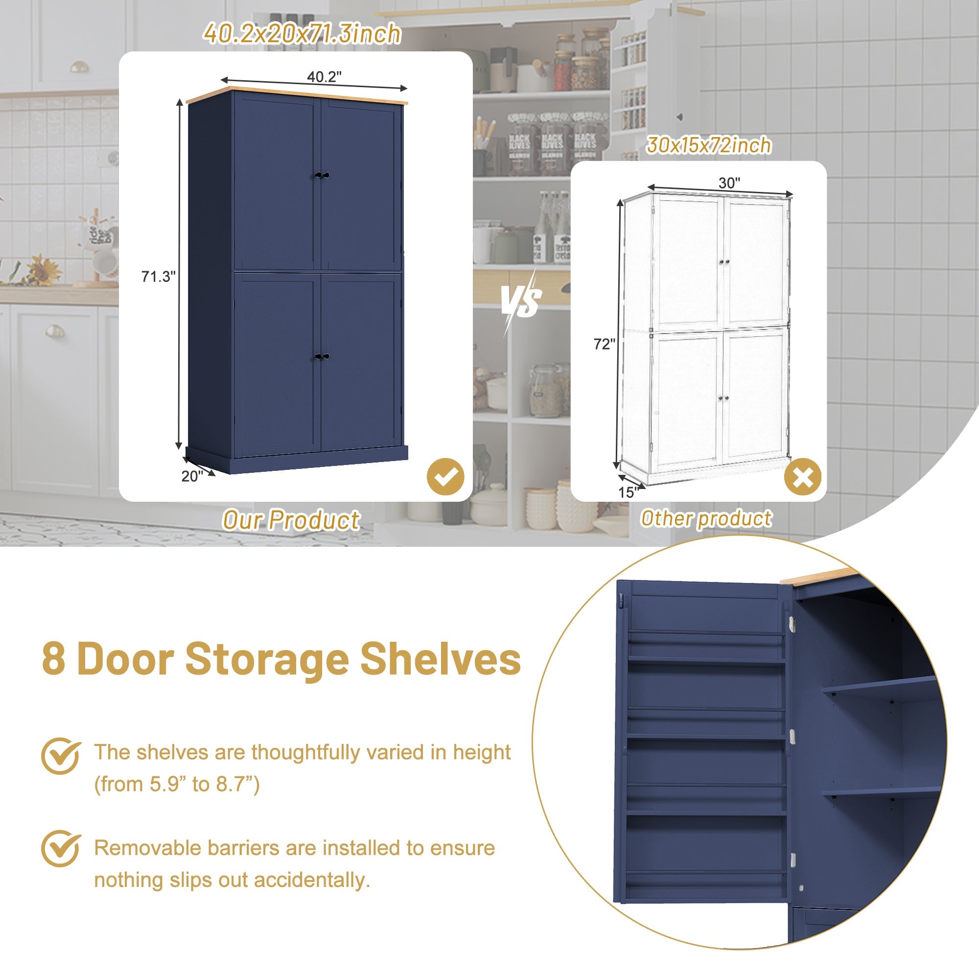 Large Kitchen Pantry Storage Cabinet | 71" Tall | MDF | White, Gray or Blue