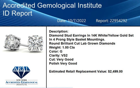 AGI Certified Lab Grown Diamond Stud Earrings | G-VS | 14K Gold | 1 or 2 CTW | Handcrafted USA | Vossagin