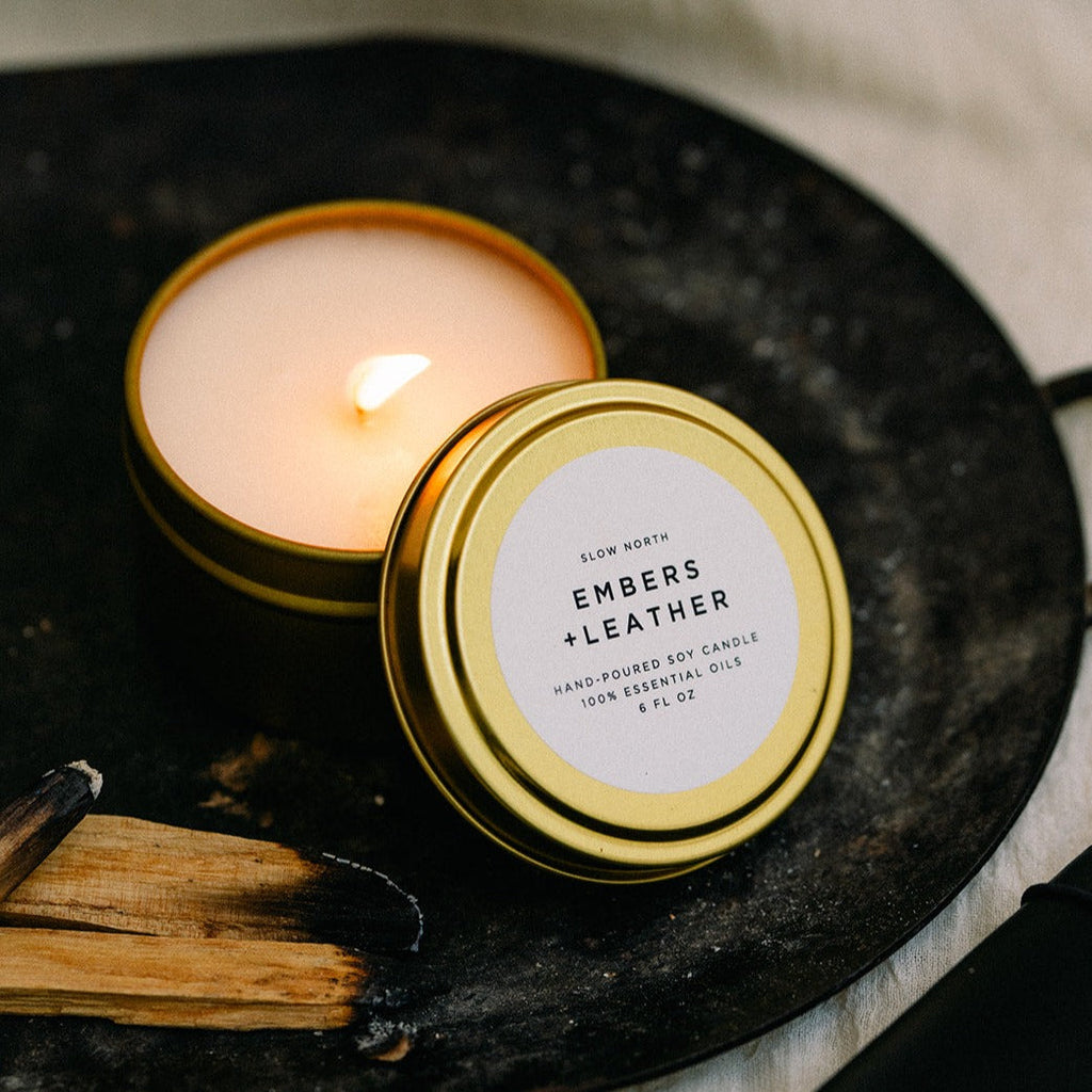 Embers & Leather Soy Candle | Vetiver, Cedar & Patchouli | 100% Essential Oils | Non-Toxic | Cotton Wick | Reusable Gold Tin | 20-Hour Burn | Slow North