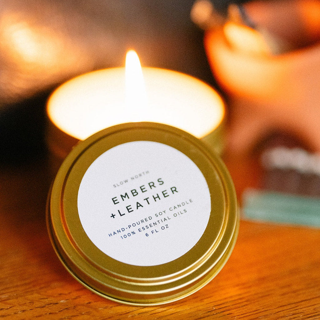 Embers & Leather Soy Candle | Vetiver, Cedar & Patchouli | 100% Essential Oils | Non-Toxic | Cotton Wick | Reusable Gold Tin | 20-Hour Burn | Slow North