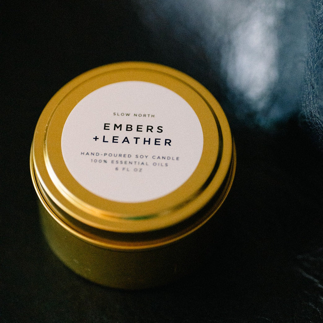 Embers & Leather Soy Candle | Vetiver, Cedar & Patchouli | 100% Essential Oils | Non-Toxic | Cotton Wick | Reusable Gold Tin | 20-Hour Burn | Slow North