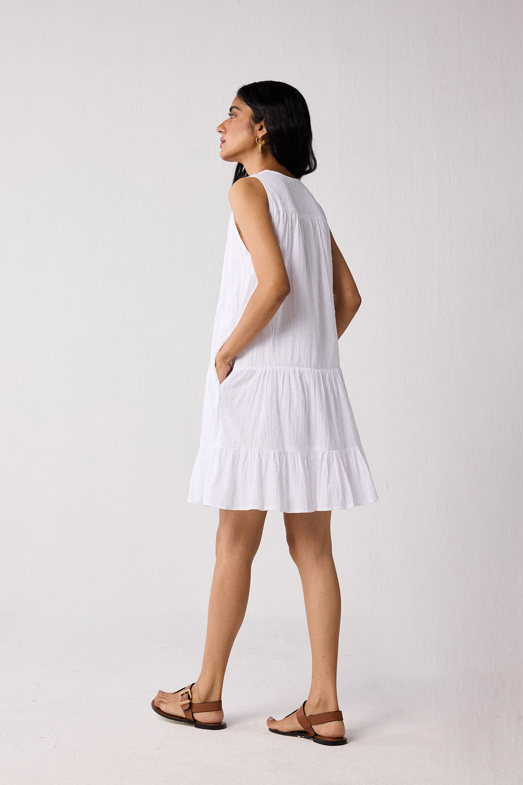 Embroidered Everyday Sleeveless Short Tiered Dress in White