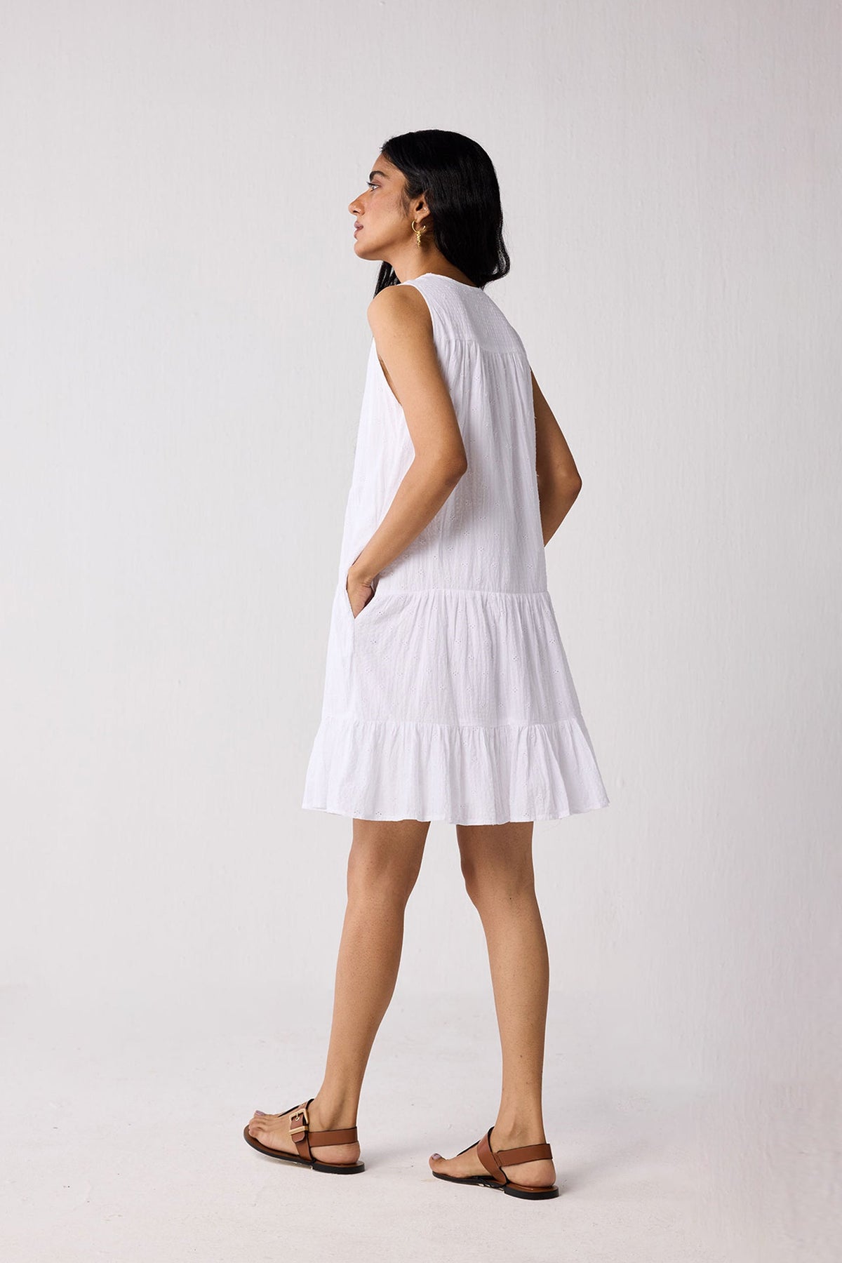 Embroidered Everyday Sleeveless Short Tiered Dress in White