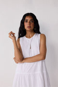 Embroidered Everyday Sleeveless Short Tiered Dress in White