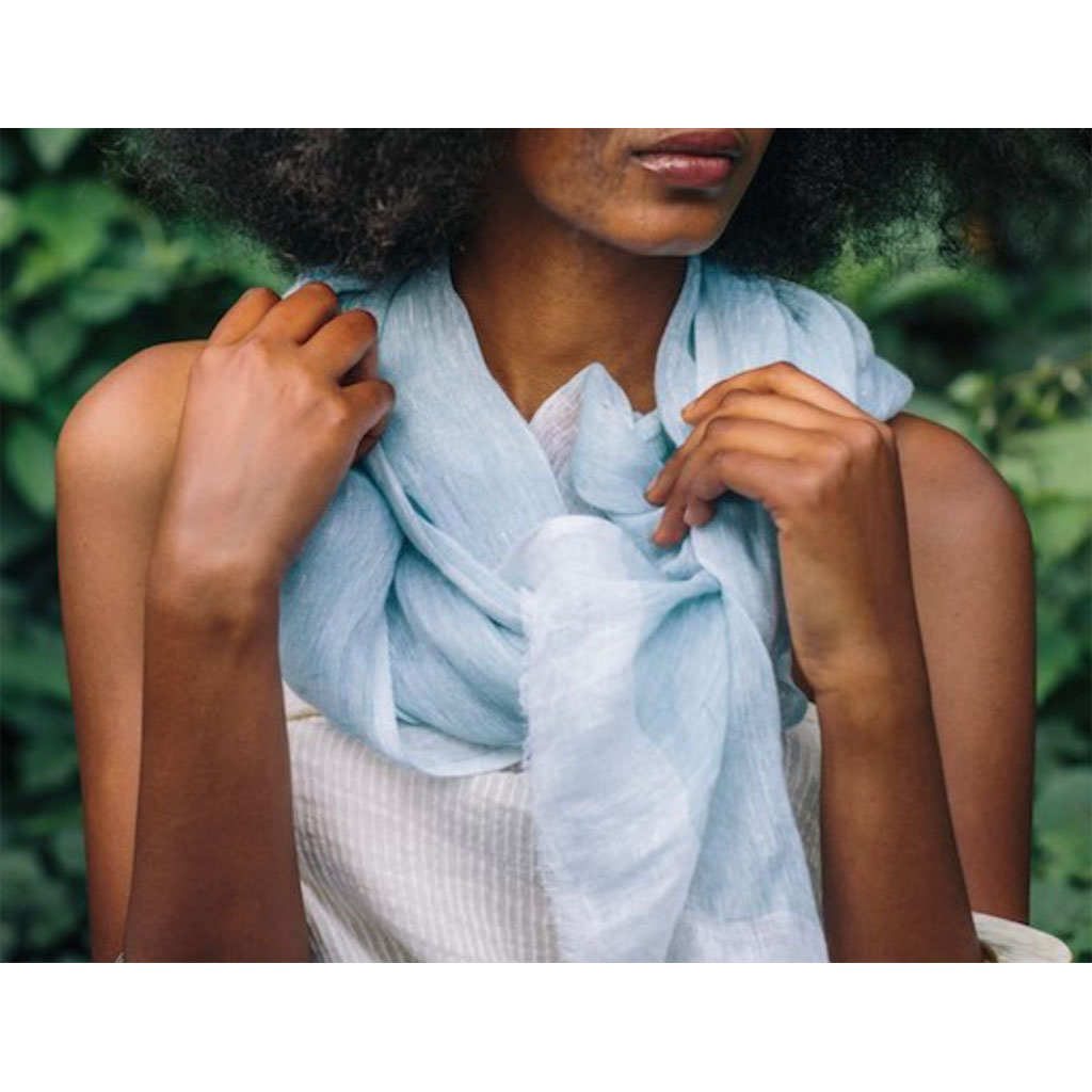 Handwoven 100% Linen Scarf | Eyelash Fringe | Handmade in Ethiopia | 79" x 17" | French Gray, Aqua, Flax & Blush | Slate + Salt