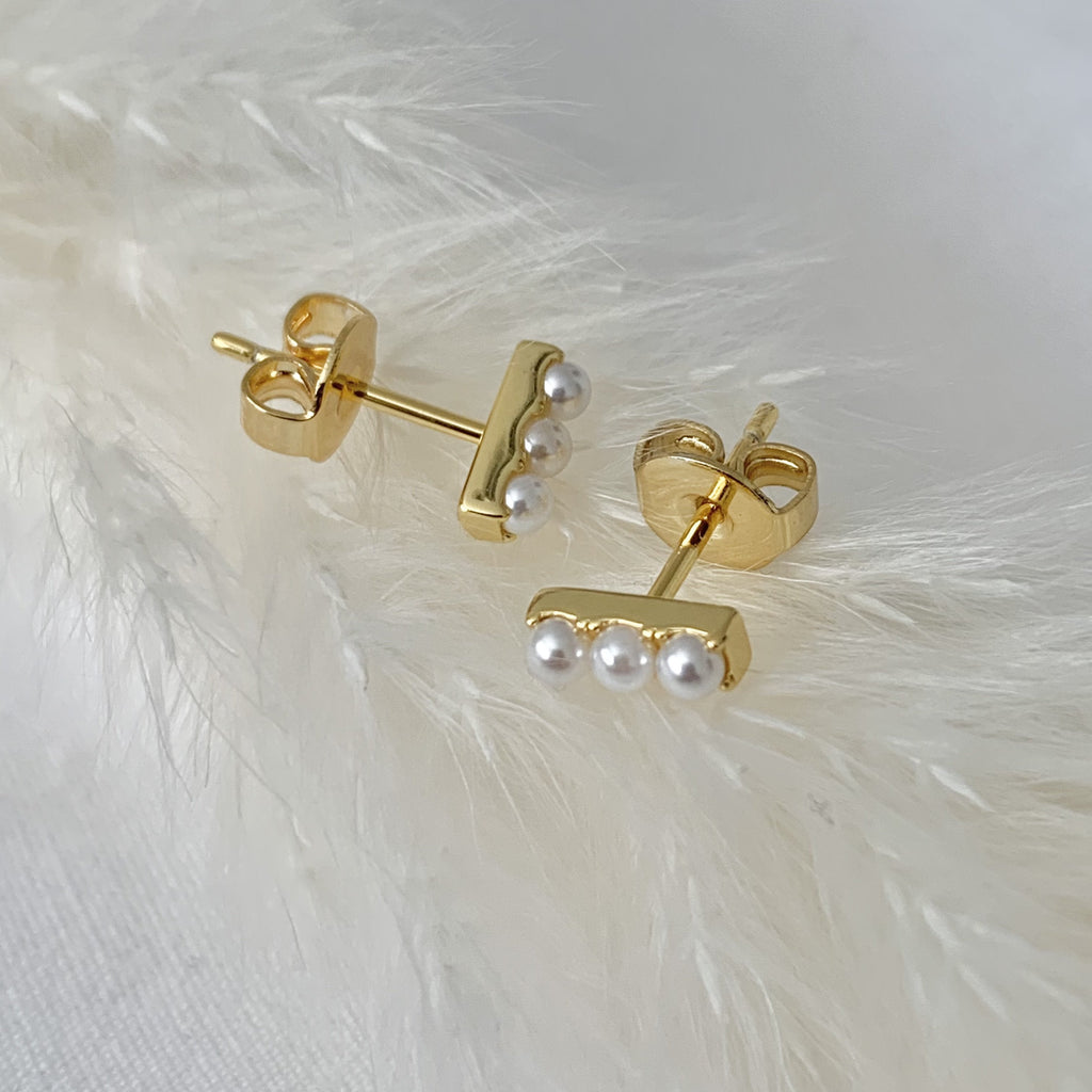 Eva Pearl Studs | 18K Gold Plated Brass | Triple Pearl Bar | Hypoallergenic | Namaste Jewelry