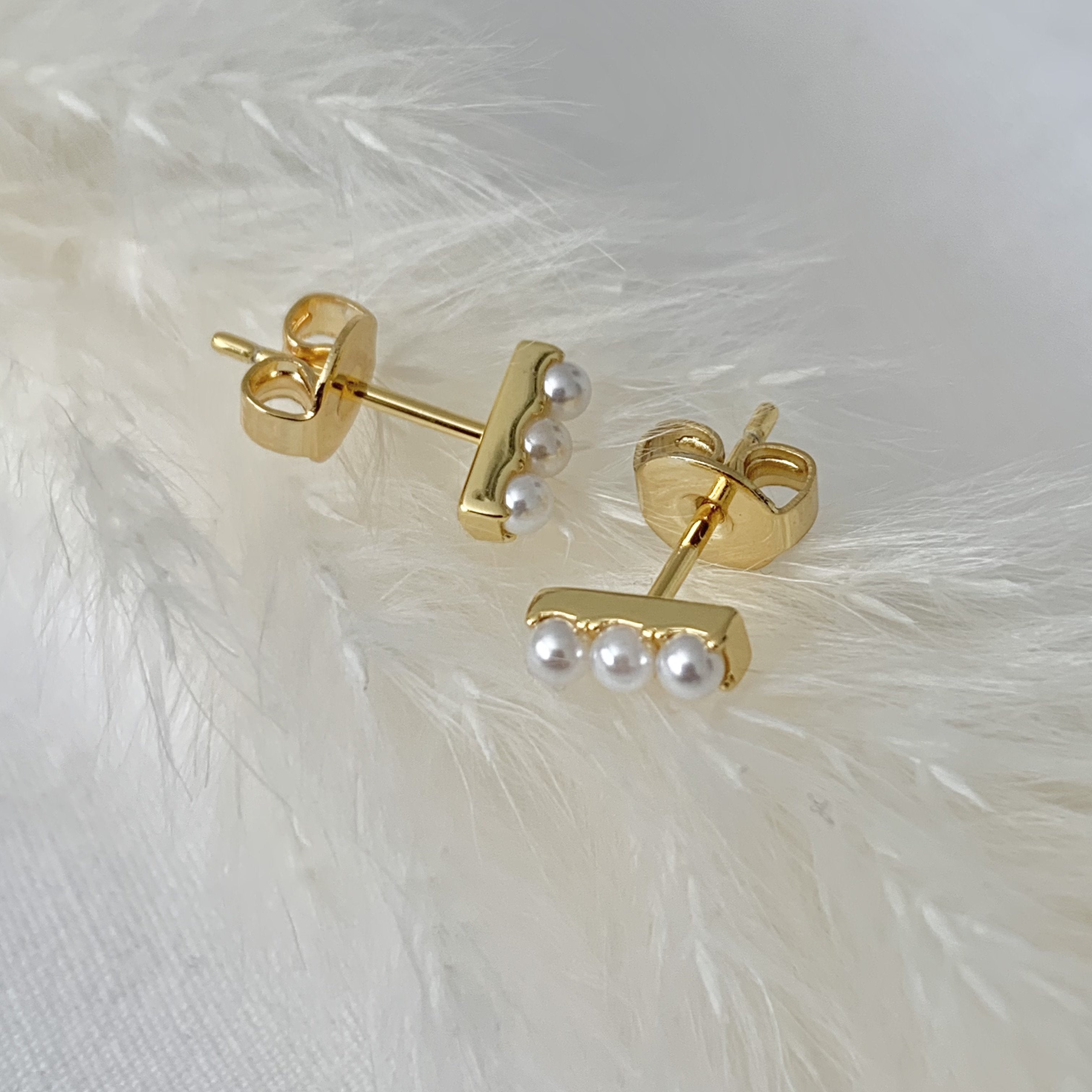 Eva Pearl Studs | 18K Gold Plated Brass | Triple Pearl Bar | Hypoallergenic | Namaste Jewelry
