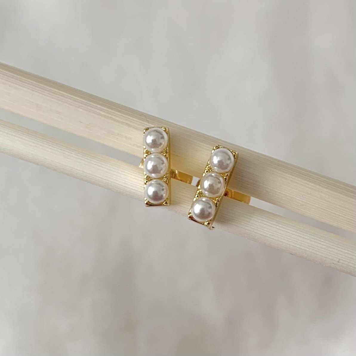 Eva Pearl Studs | 18K Gold Plated Brass | Triple Pearl Bar | Hypoallergenic | Namaste Jewelry