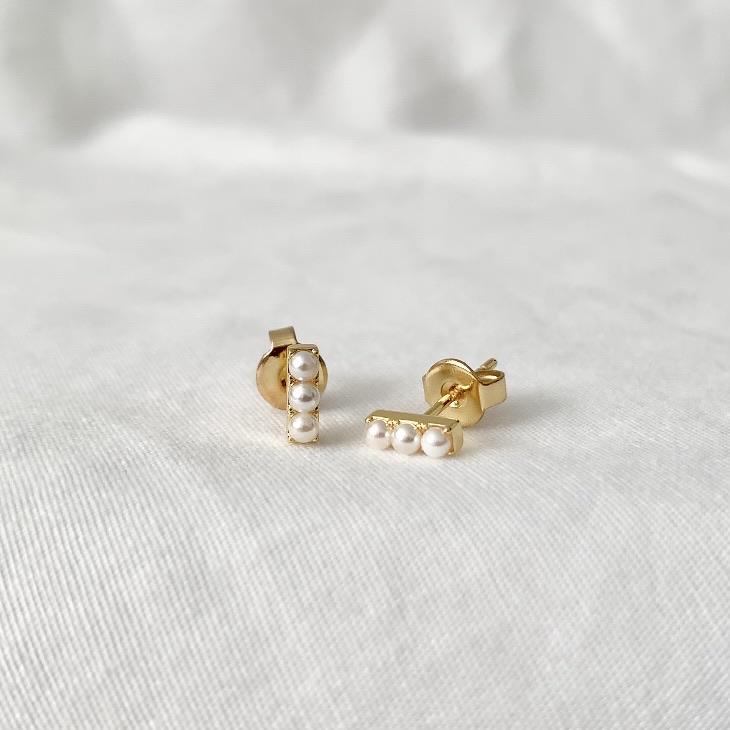 Eva Pearl Studs | 18K Gold Plated Brass | Triple Pearl Bar | Hypoallergenic | Namaste Jewelry