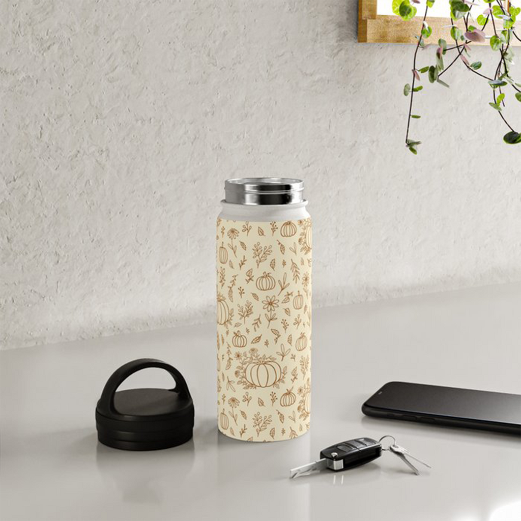 Floral Ink Pumpkin Handle Lid Water Bottle