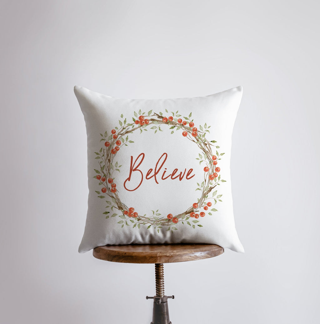 "Believe" Berry Wreath Christmas Throw Pillow — Handmade Holiday Decor