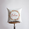 "Believe" Berry Wreath Christmas Throw Pillow — Handmade Holiday Decor