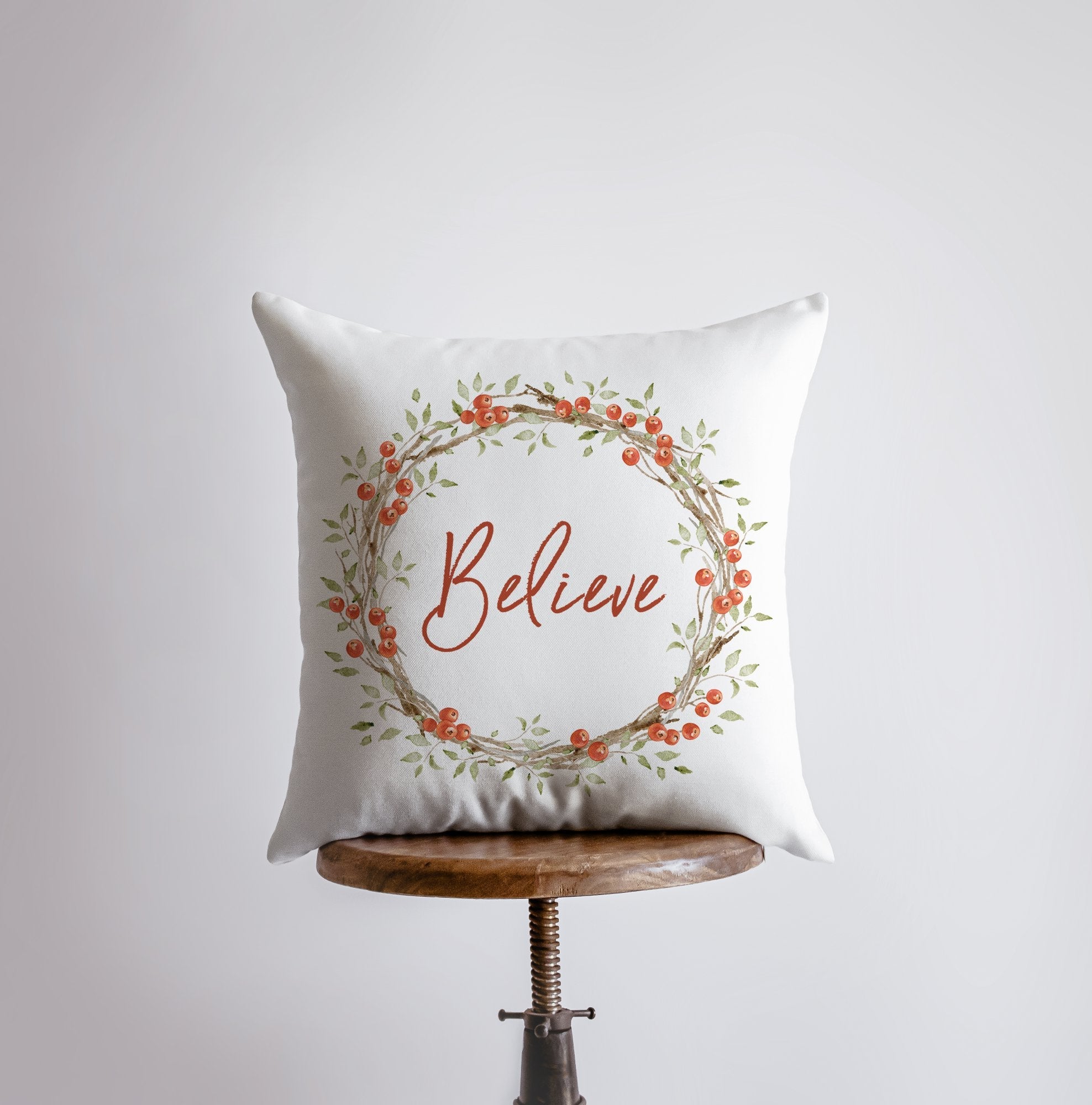 "Believe" Berry Wreath Christmas Throw Pillow — Handmade Holiday Decor