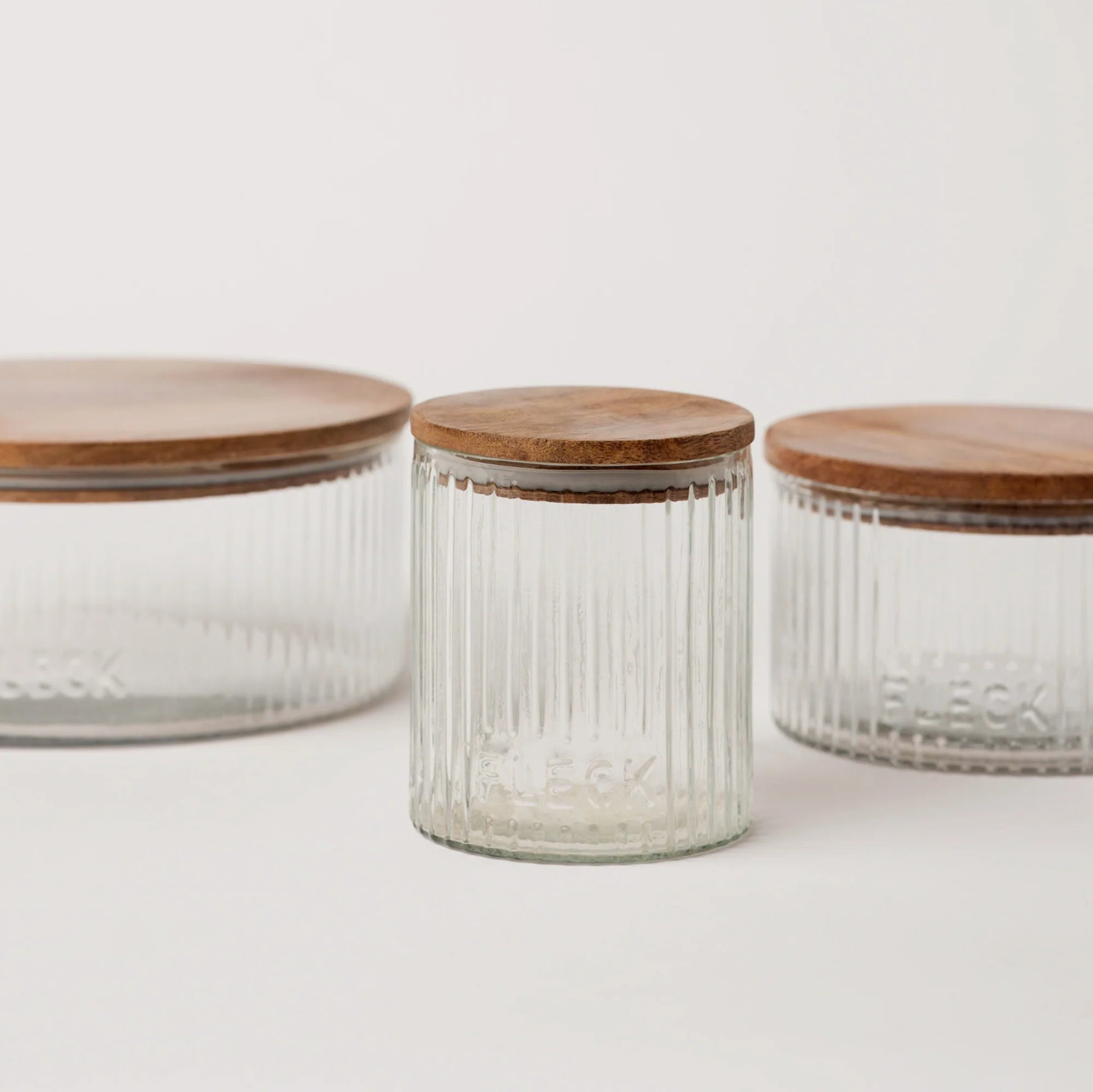 Hand-Blown Fluted Glass Storage Jars | Set of 3 | Wood Lid