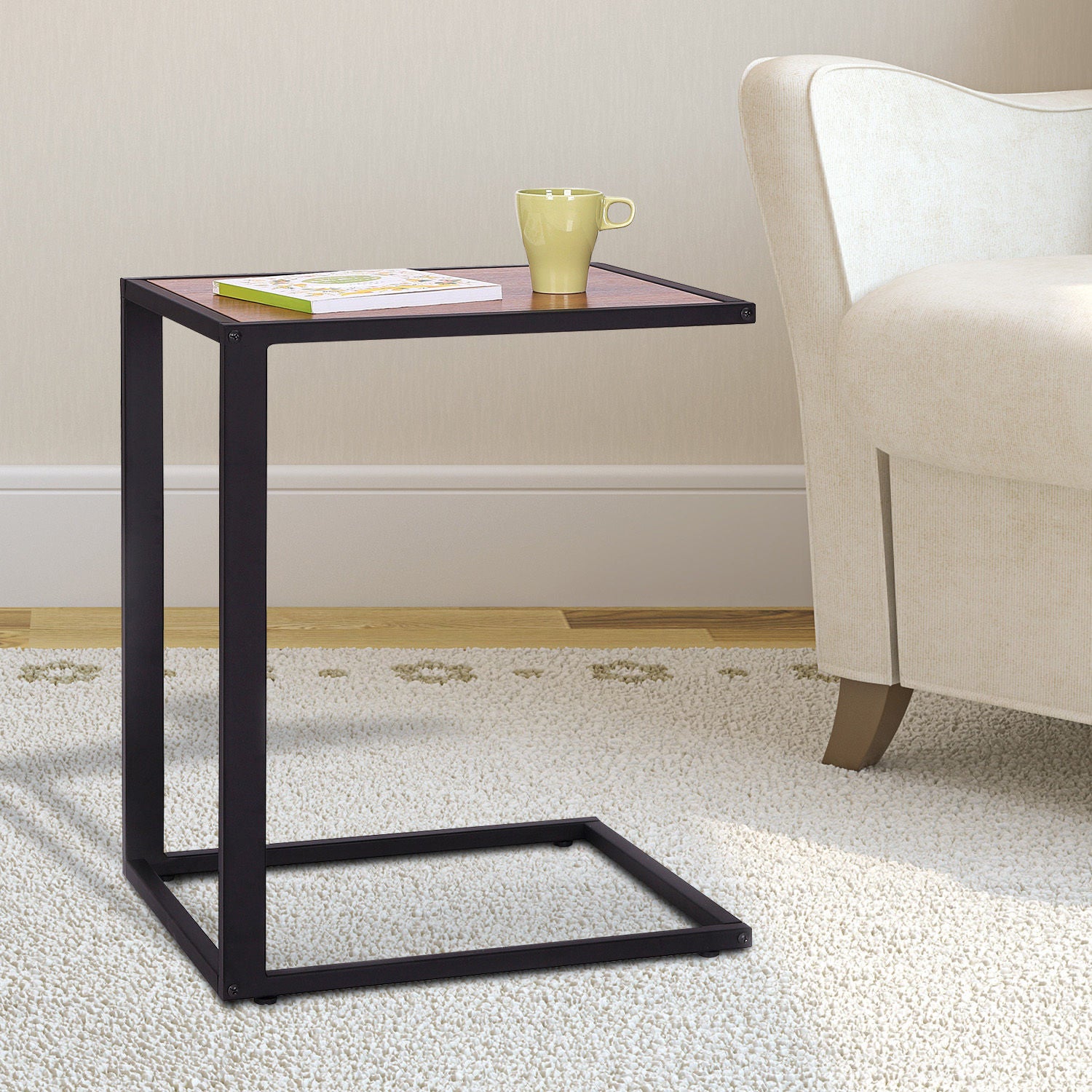 HomCom C-Shape Sofa Side Table | Laptop Desk & Snack Tray | Walnut Wood & Metal
