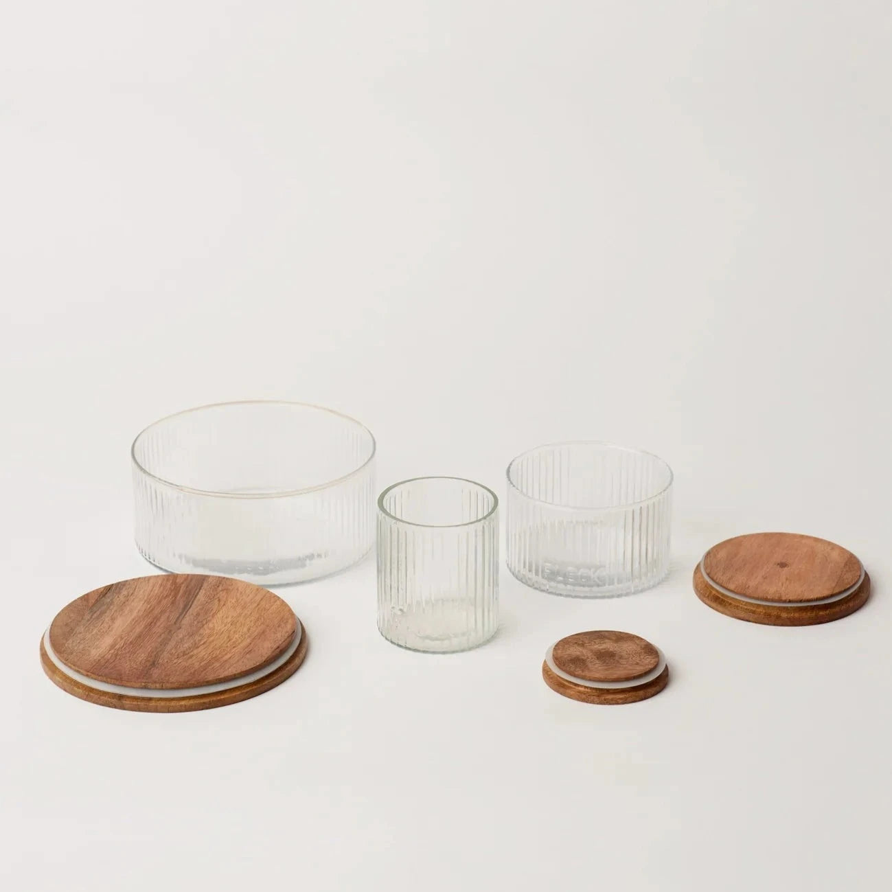 Hand-Blown Fluted Glass Storage Jars | Set of 3 | Wood Lid