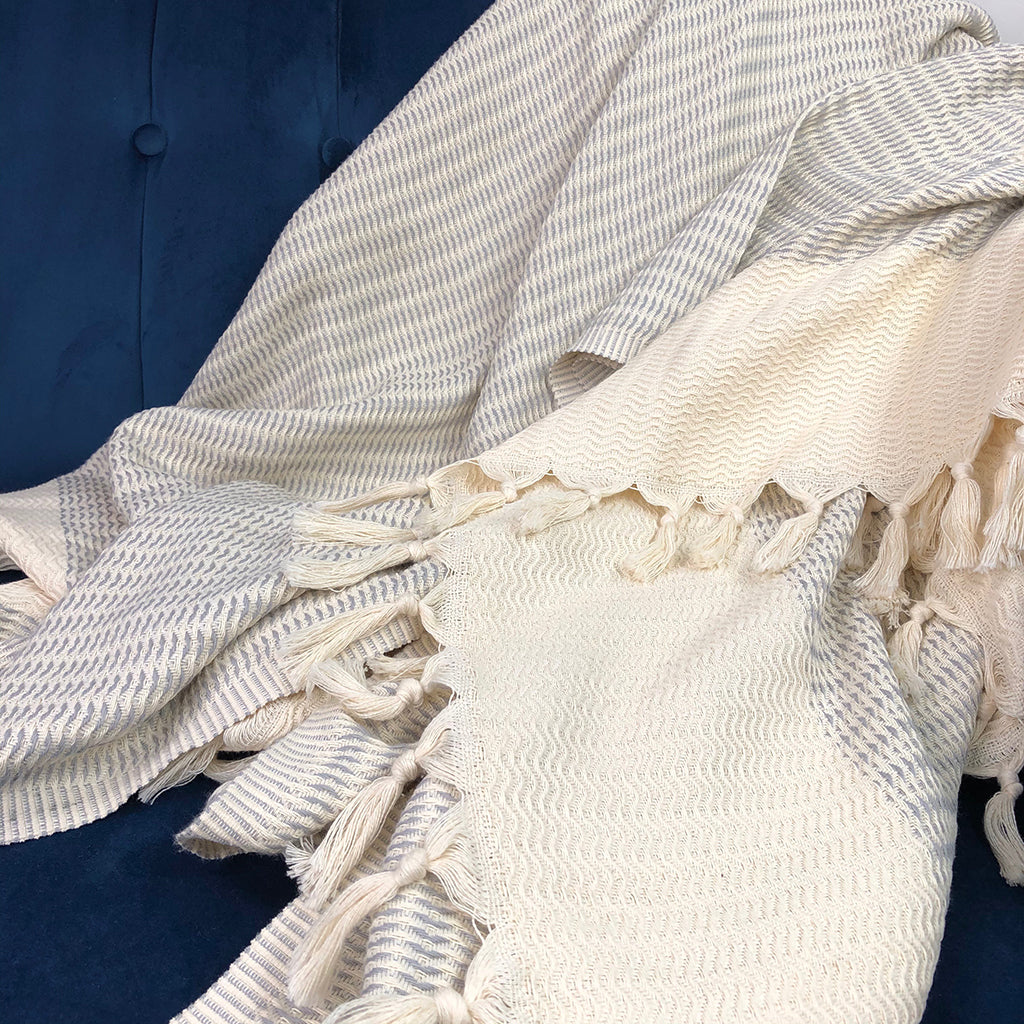 Plush Wavy Turkish Throw | 100% Turkish Cotton | 86"x65" | Hand-Knotted Fringe | 4 Colors | SLATE+SALT