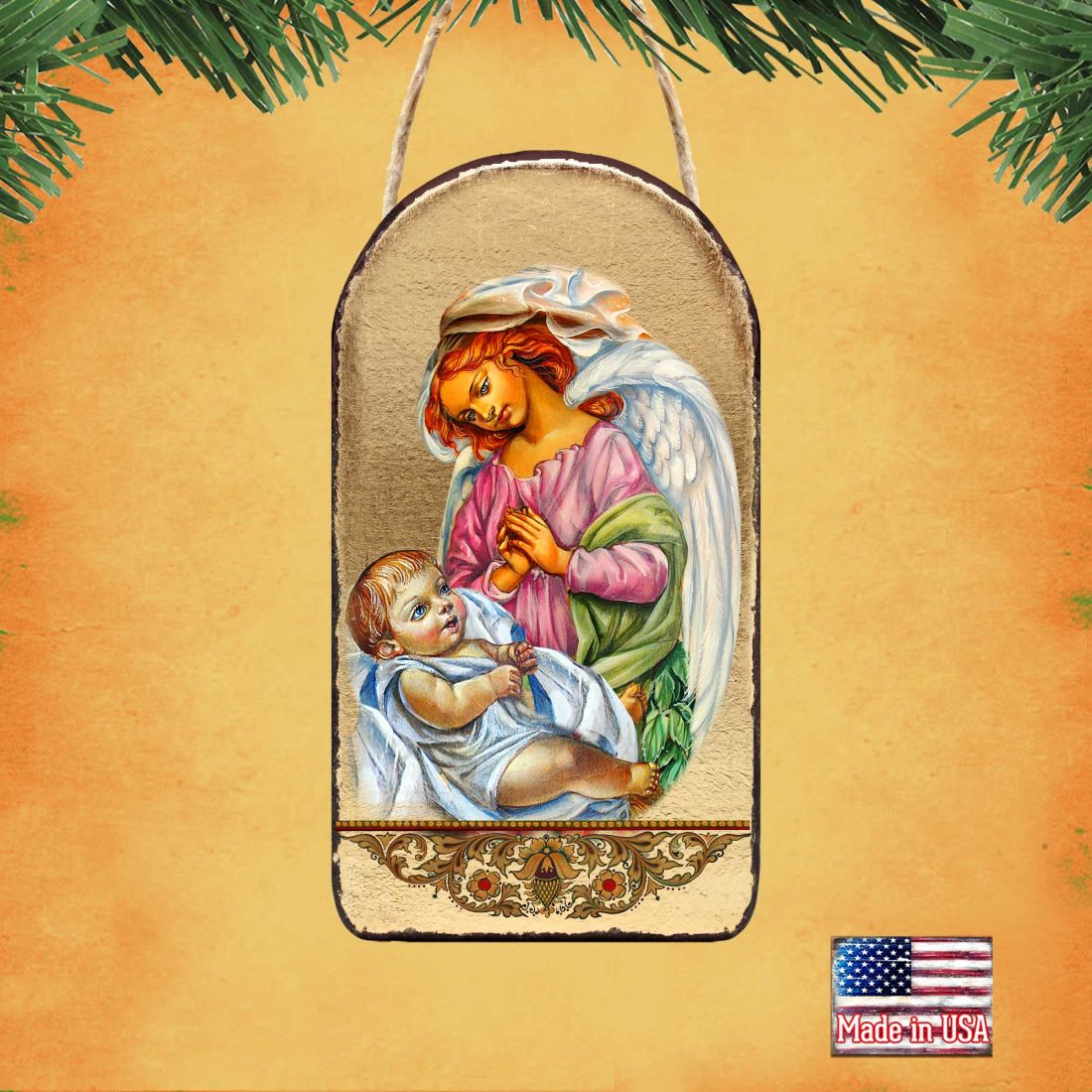 Blessing Angels Wooden Icon Ornament, 5 × 3.5 Inches