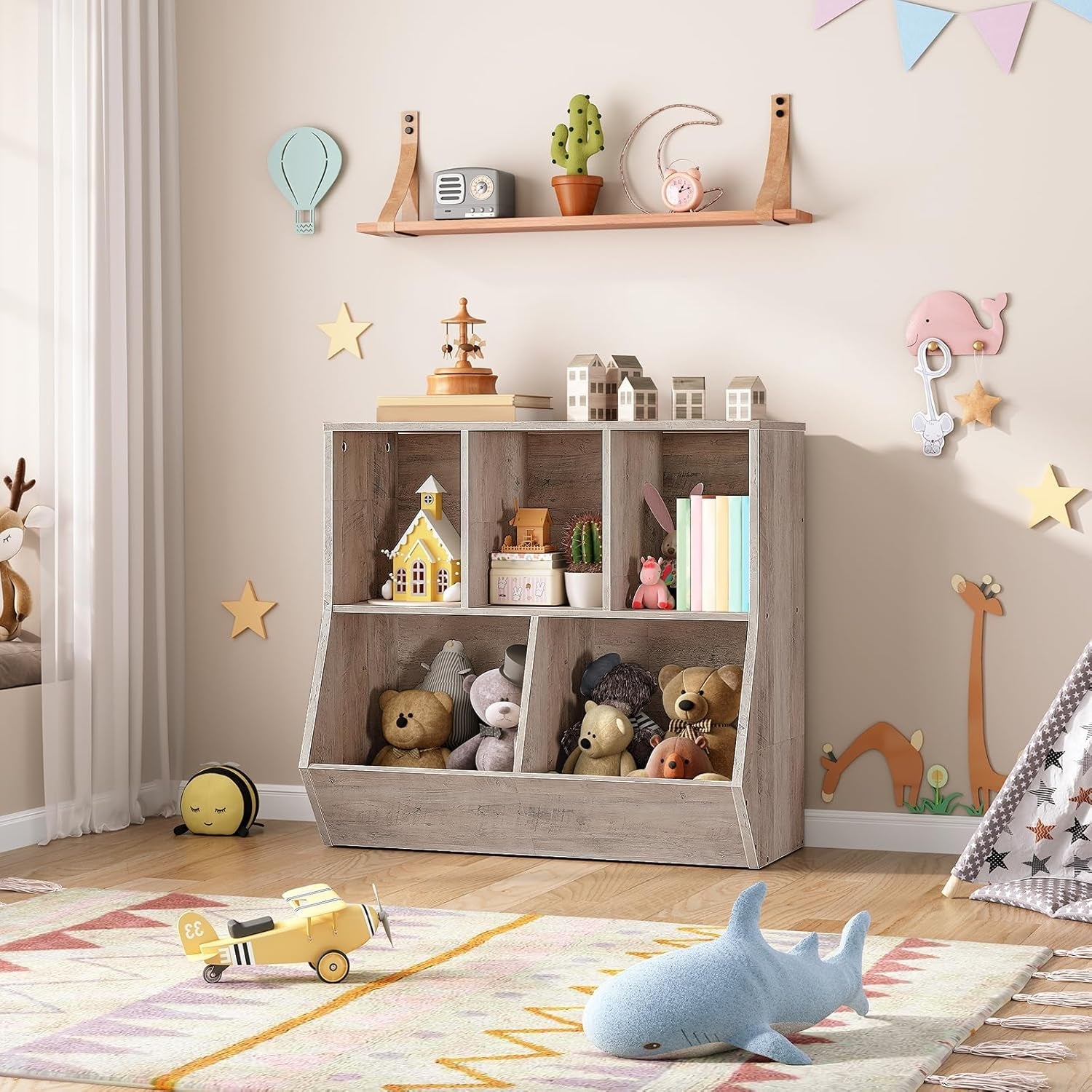 Kids Bookshelf Toy Storage Cabinet 35 Inch Long Greige