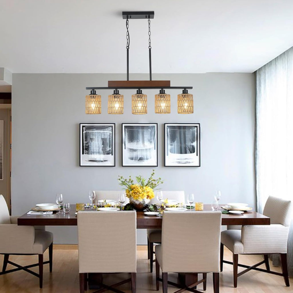 Rattan Farmhouse 5 Light Linear Chandelier Black Lighting