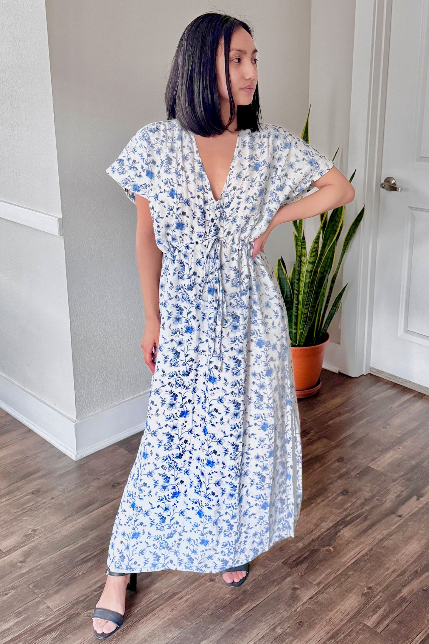Gathered Maxi Dress in Blue Florals | 100% Bemberg™ Crepe | Wisteria Whimsy | Drawstring Waist | Side Slit | Pockets | XS–3XL | Reistor
