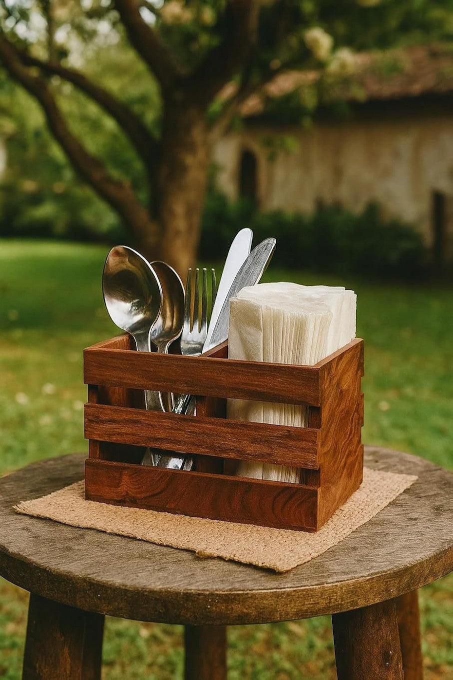 Wooden Slatted Cutlery and Napkin Caddy
