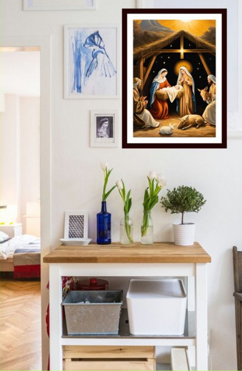 Jesus Birth Scene Canvas Art Print (Framed Glass) – 18x24 Inches |