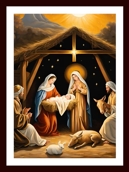 Jesus Birth Scene Canvas Art Print (Framed Glass) – 18x24 Inches |