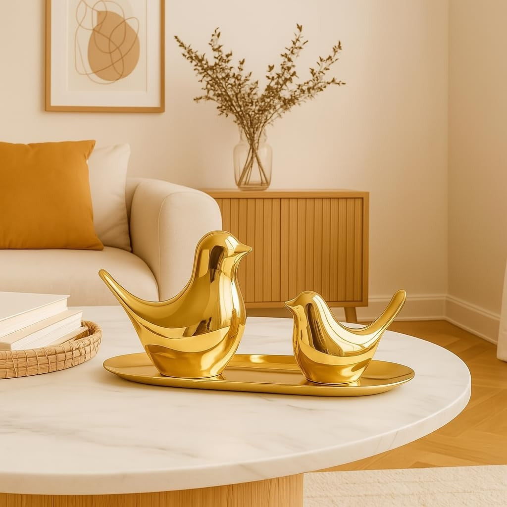 Shri Laxmi enterprises Golden Bird Couple Showpiece with Tray – Modern