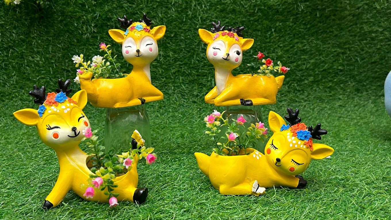 Deer Planter Figurines with Floral Accents
