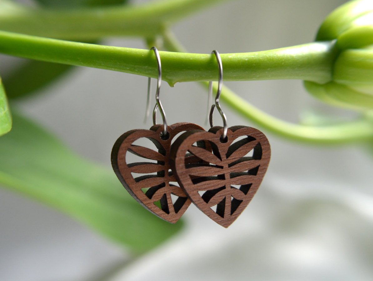 Leafy Heart Earrings in Wood | Cherry Wood | Laser Cut | Surgical Steel | GioGio Design