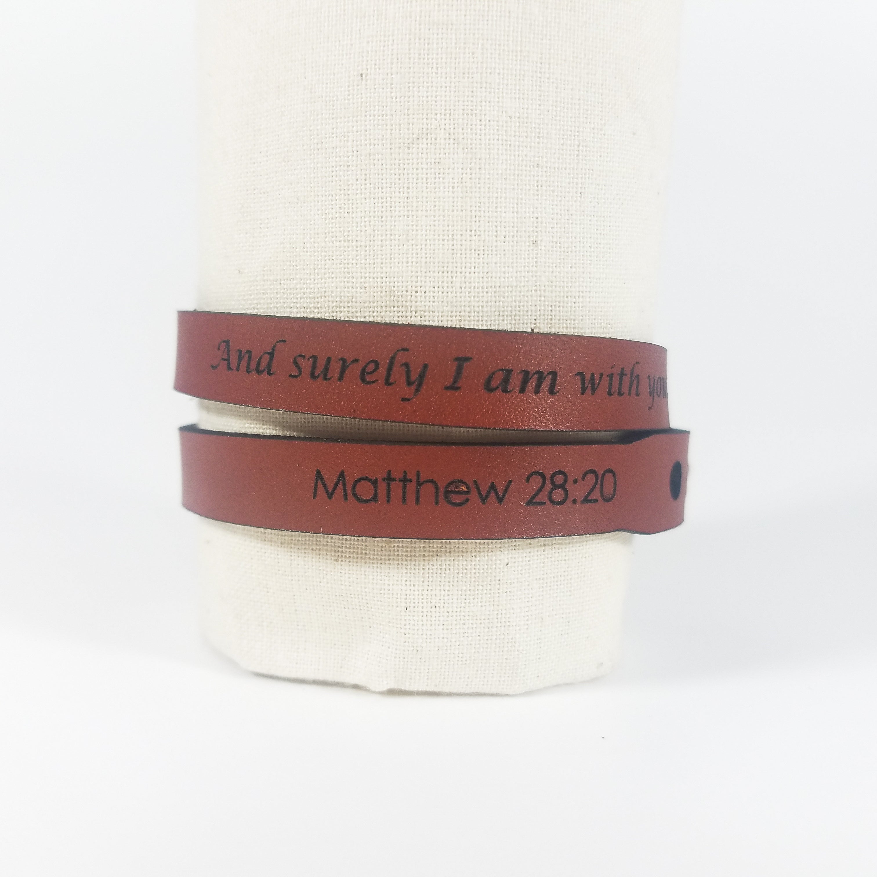 "And Surely I Am With You Always" | Genuine Leather Wrap Bracelet | Laser-Etched Scripture | Matthew 28:20 | GioGio Design